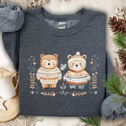 Dark gray sweatshirt with two cute bears in Fair Isle sweaters, winter foliage, snowflakes, and hearts.