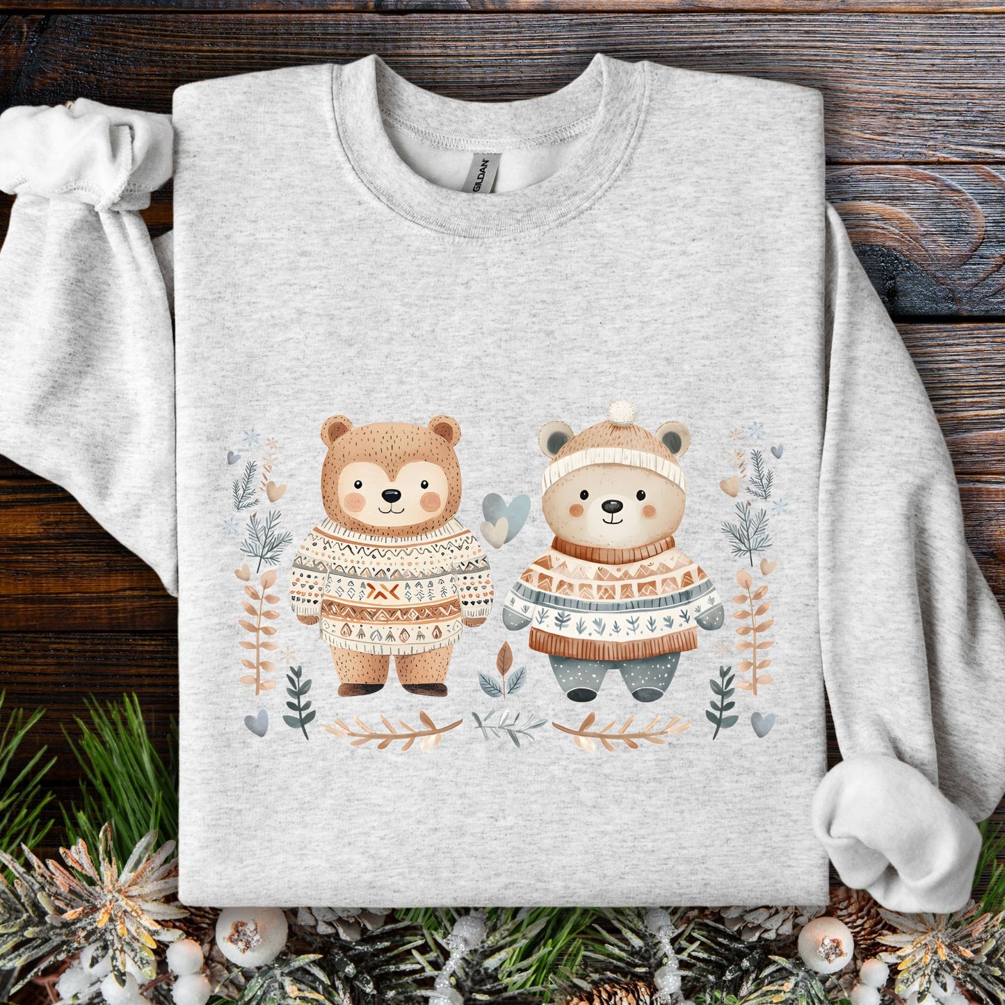 Ash S sweatshirt with two Fair Isle love bears, winter foliage, snowflakes, and hearts.