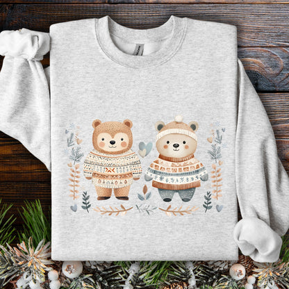 Ash S sweatshirt with two Fair Isle love bears, winter foliage, snowflakes, and hearts.