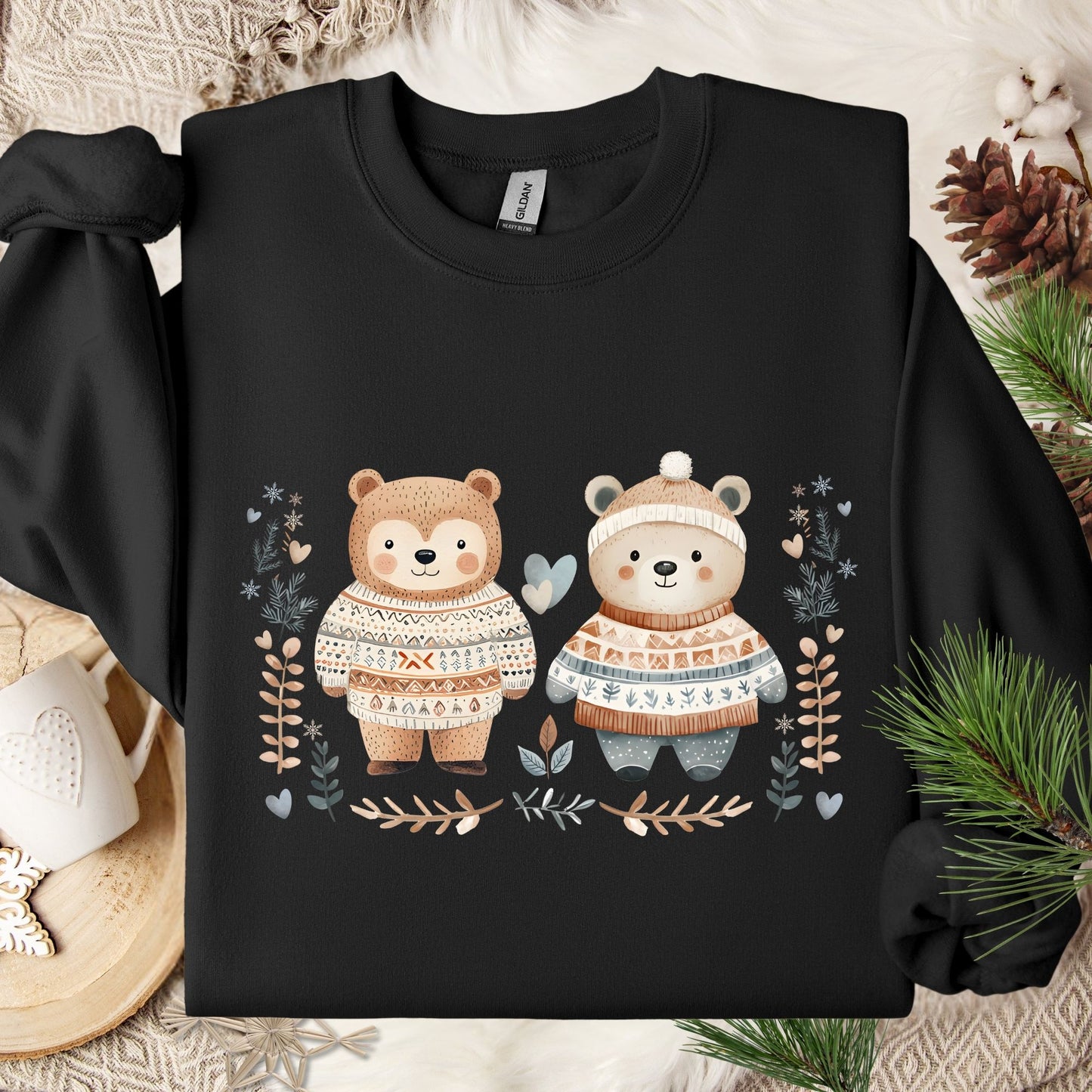 Black S Winter Fair Isle Love Bears Sweatshirt with cute bears, foliage, snowflakes, and hearts.