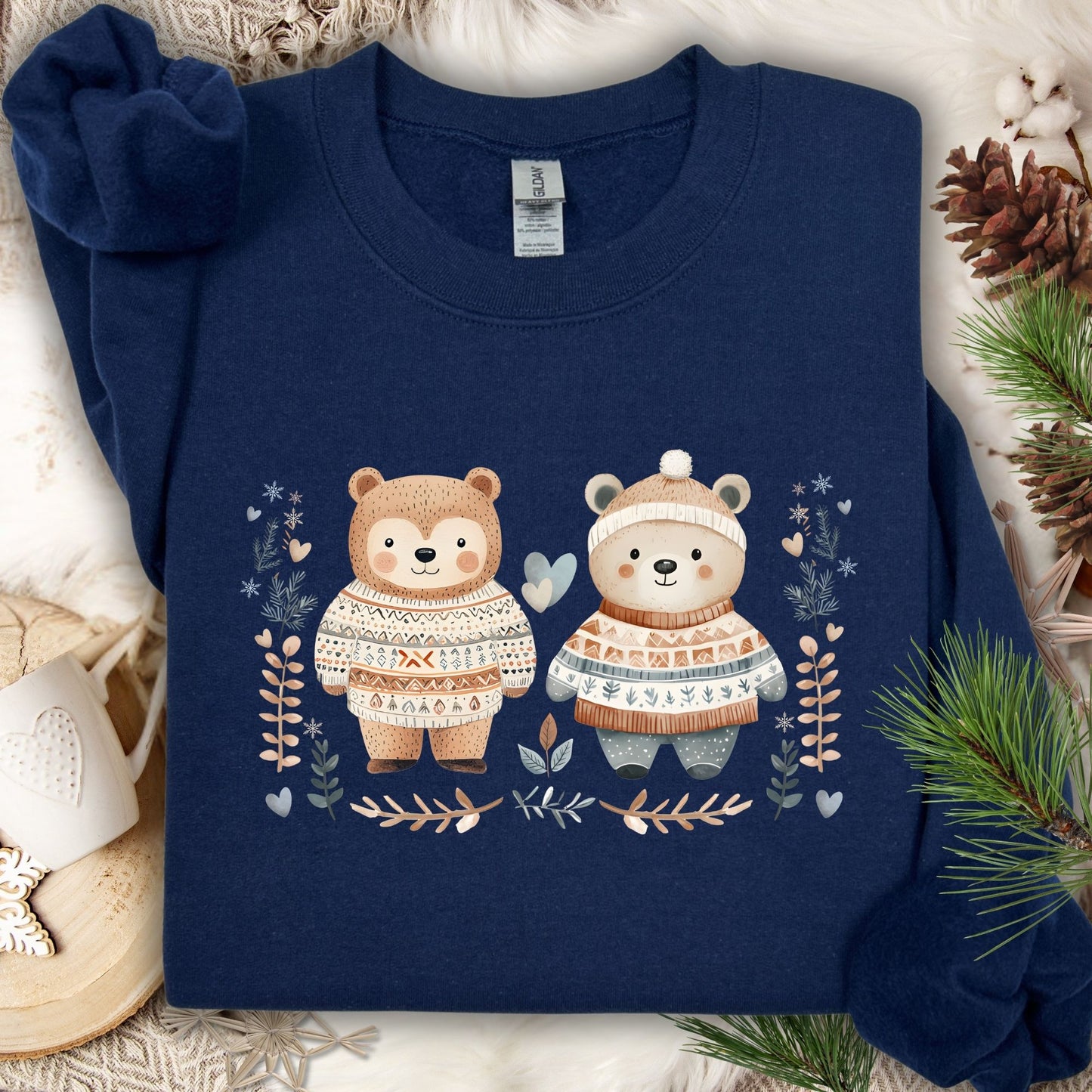 Navy Winter Fair Isle Love Bears Sweatshirt with festive foliage, snowflakes, and hearts.