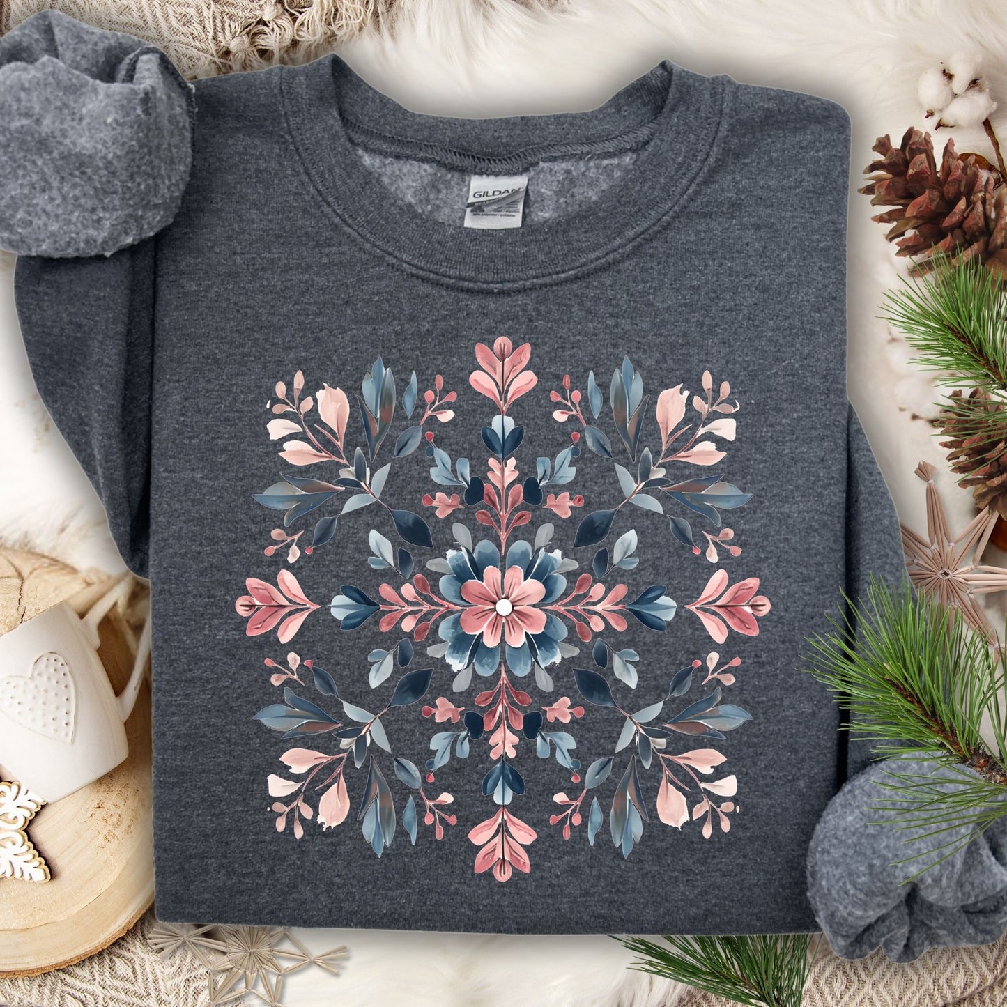 Dark Heather S sweatshirt with a symmetrical pink and blue floral snowflake mandala design.