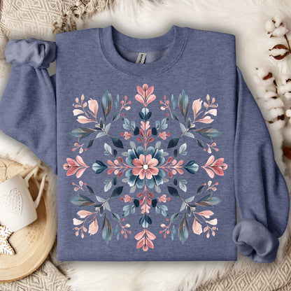 Heather Sport Dark Navy S sweatshirt with a symmetrical pink and blue floral snowflake design.