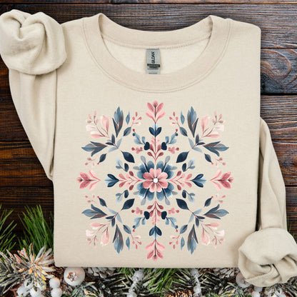 Sand S-size sweatshirt with a pink and blue floral mandala snowflake design.