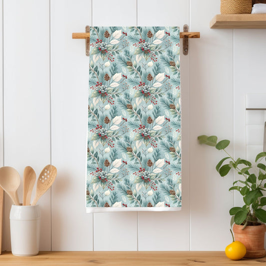 Winter Foliage with Pinecones & Berries Microfiber Tea Towel