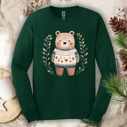 Winter Folk Art Brown Bear Long Sleeve Tee