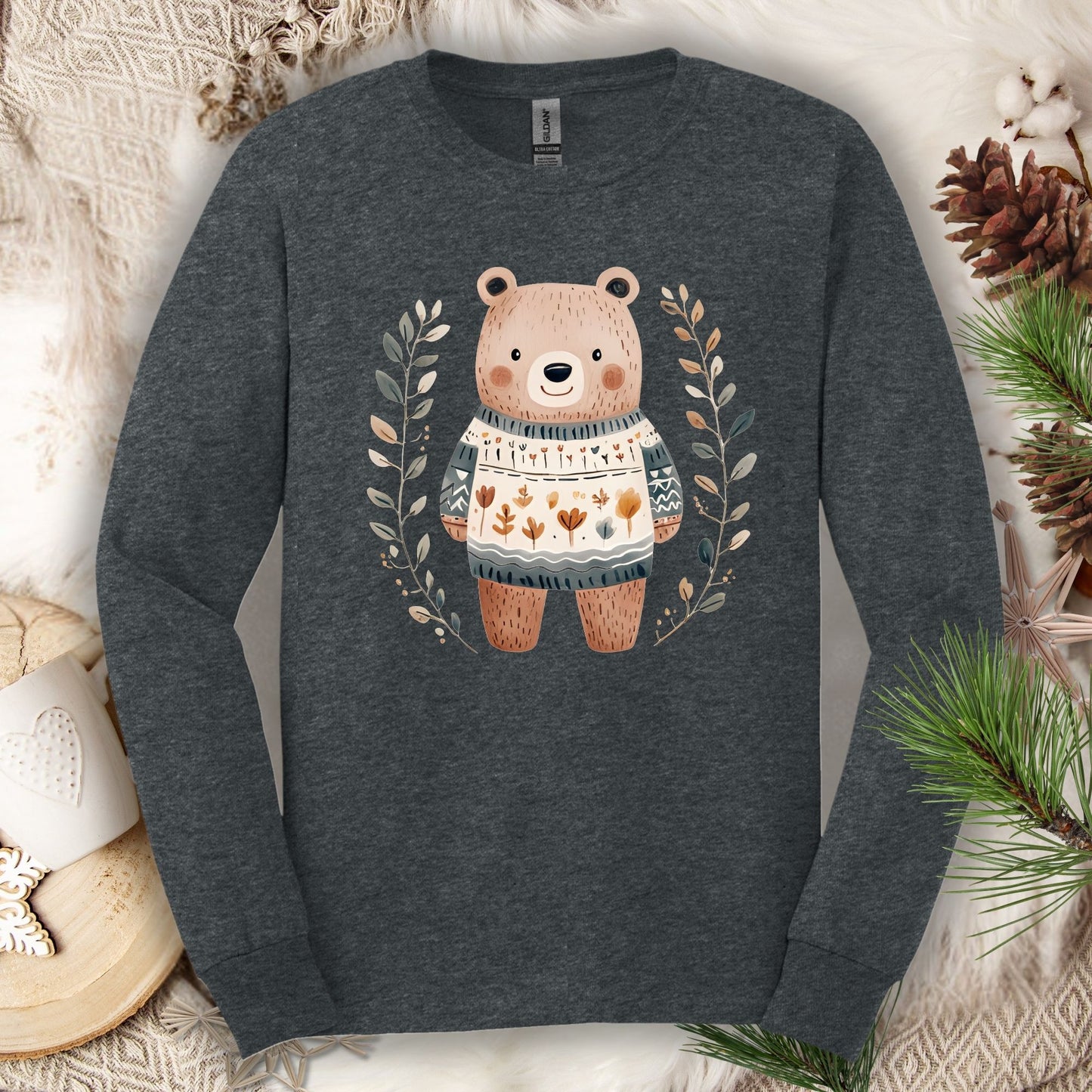 Winter Folk Art Brown Bear Long Sleeve Tee