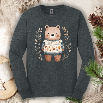 Winter Folk Art Brown Bear Long Sleeve Tee