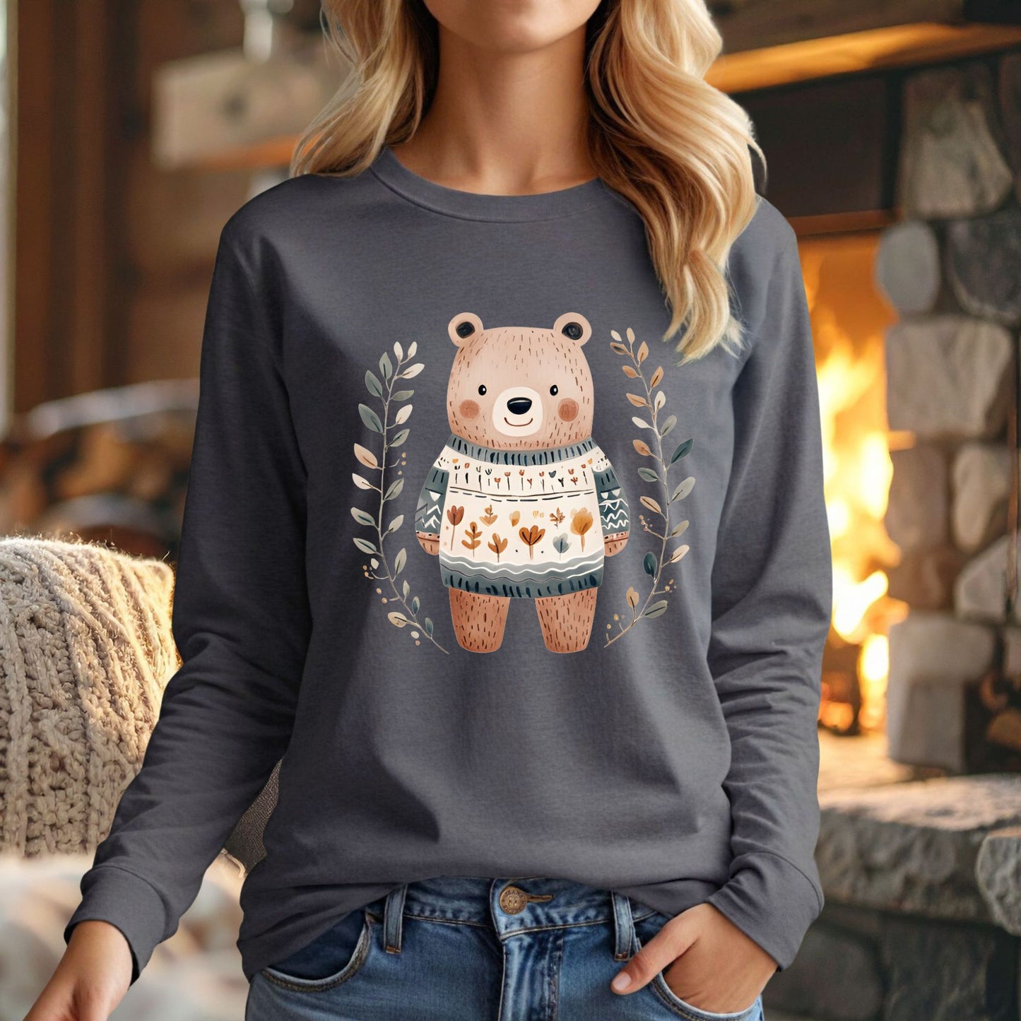 Winter Folk Art Brown Bear Long Sleeve Tee