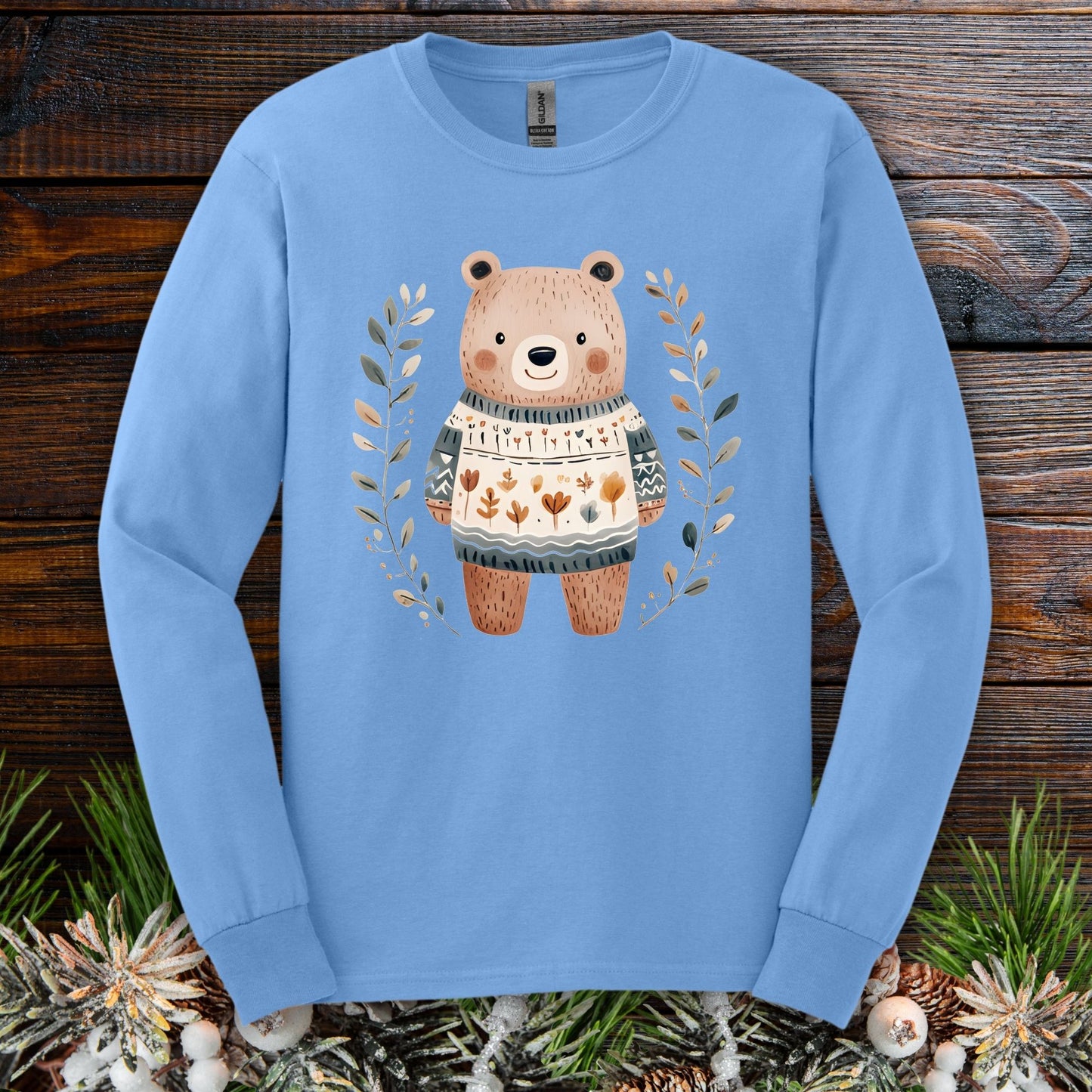 Winter Folk Art Brown Bear Long Sleeve Tee