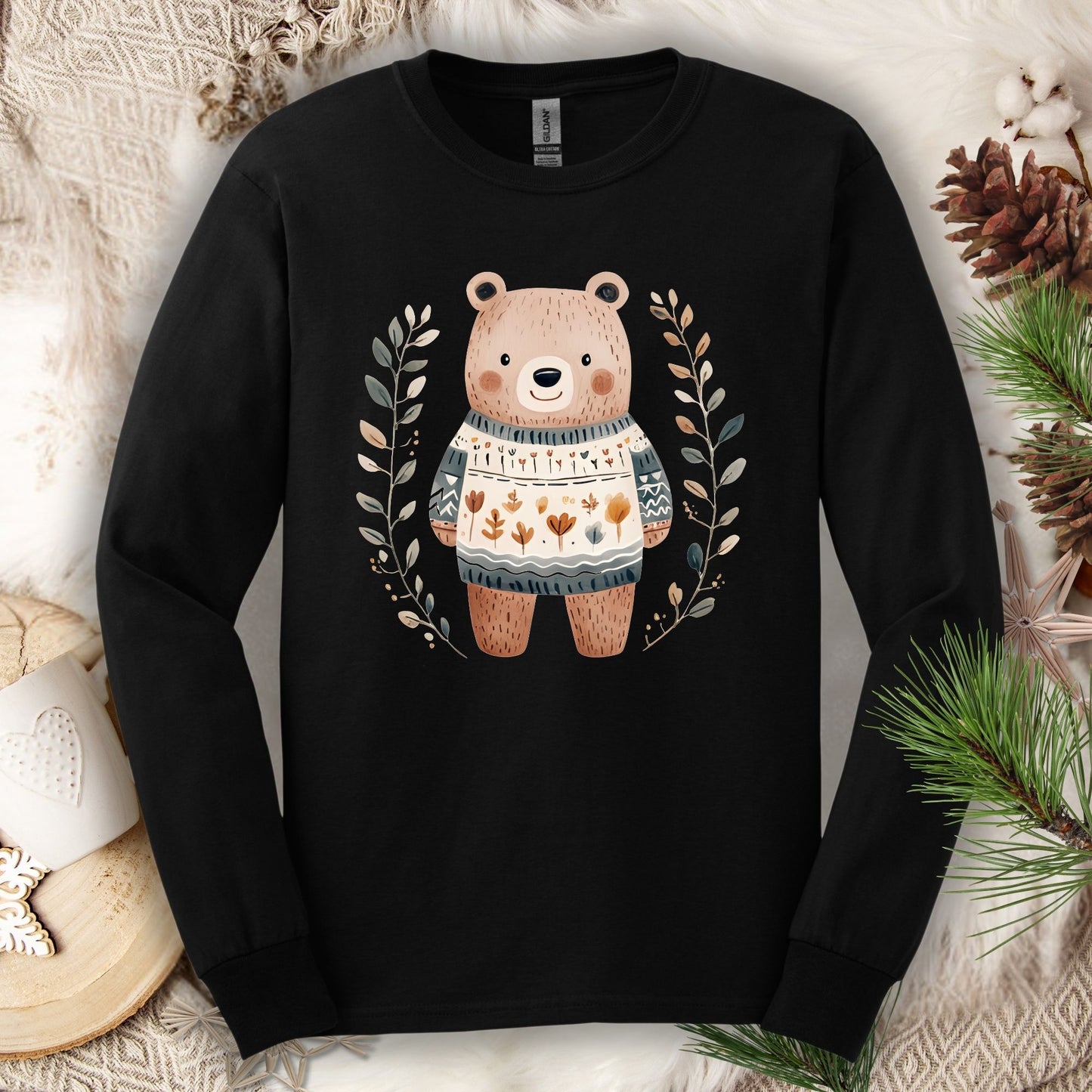 Winter Folk Art Brown Bear Long Sleeve Tee
