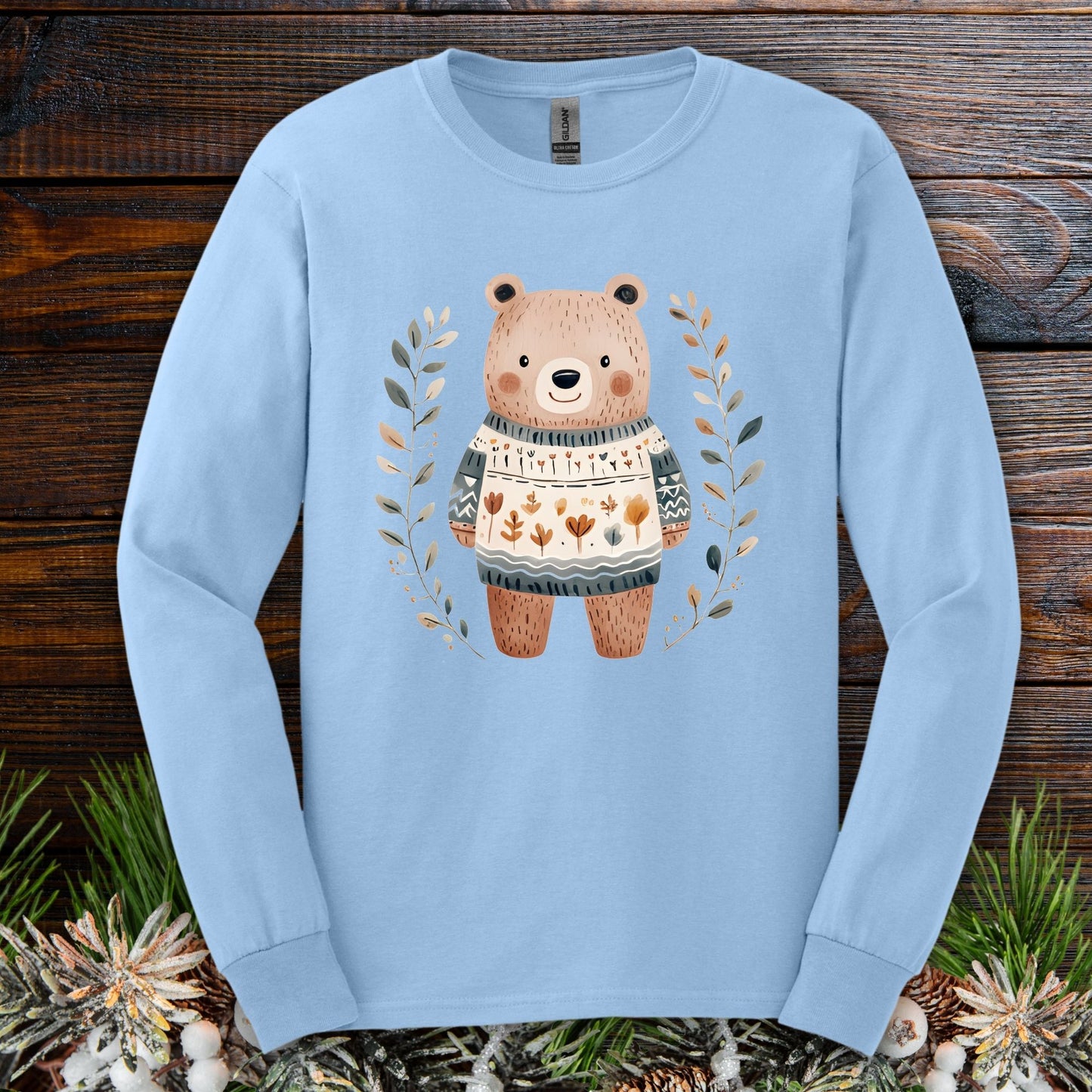 Winter Folk Art Brown Bear Long Sleeve Tee