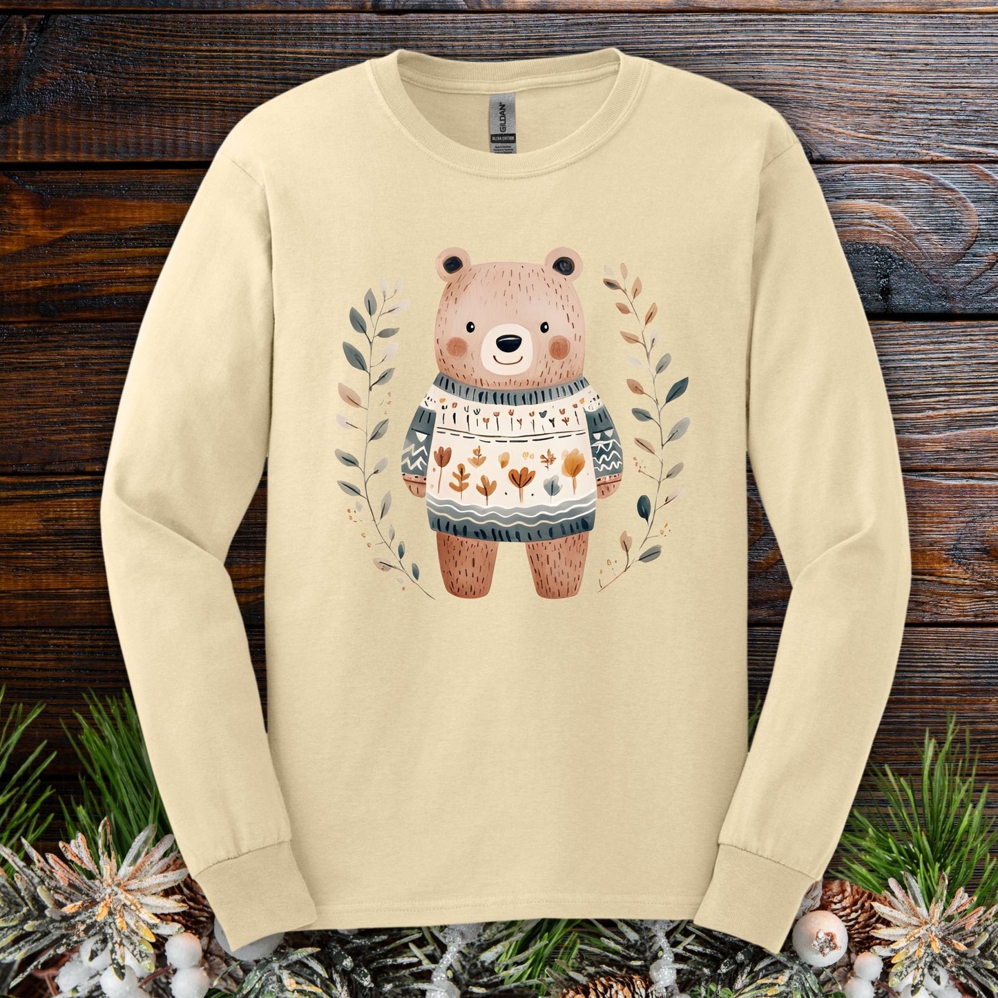Winter Folk Art Brown Bear Long Sleeve Tee