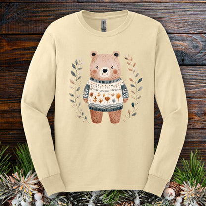 Winter Folk Art Brown Bear Long Sleeve Tee