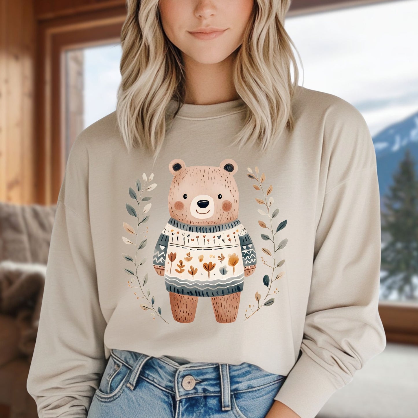 Winter Folk Art Brown Bear Long Sleeve Tee
