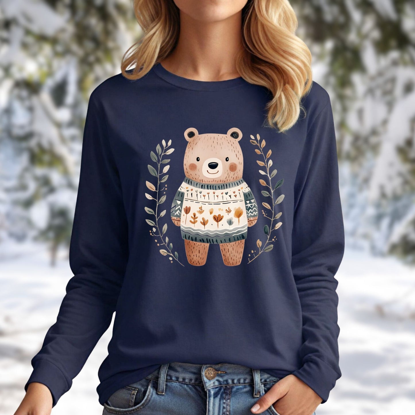 Winter Folk Art Brown Bear Long Sleeve Tee