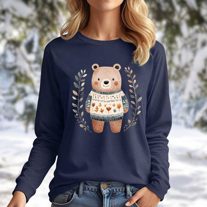 Winter Folk Art Brown Bear Long Sleeve Tee