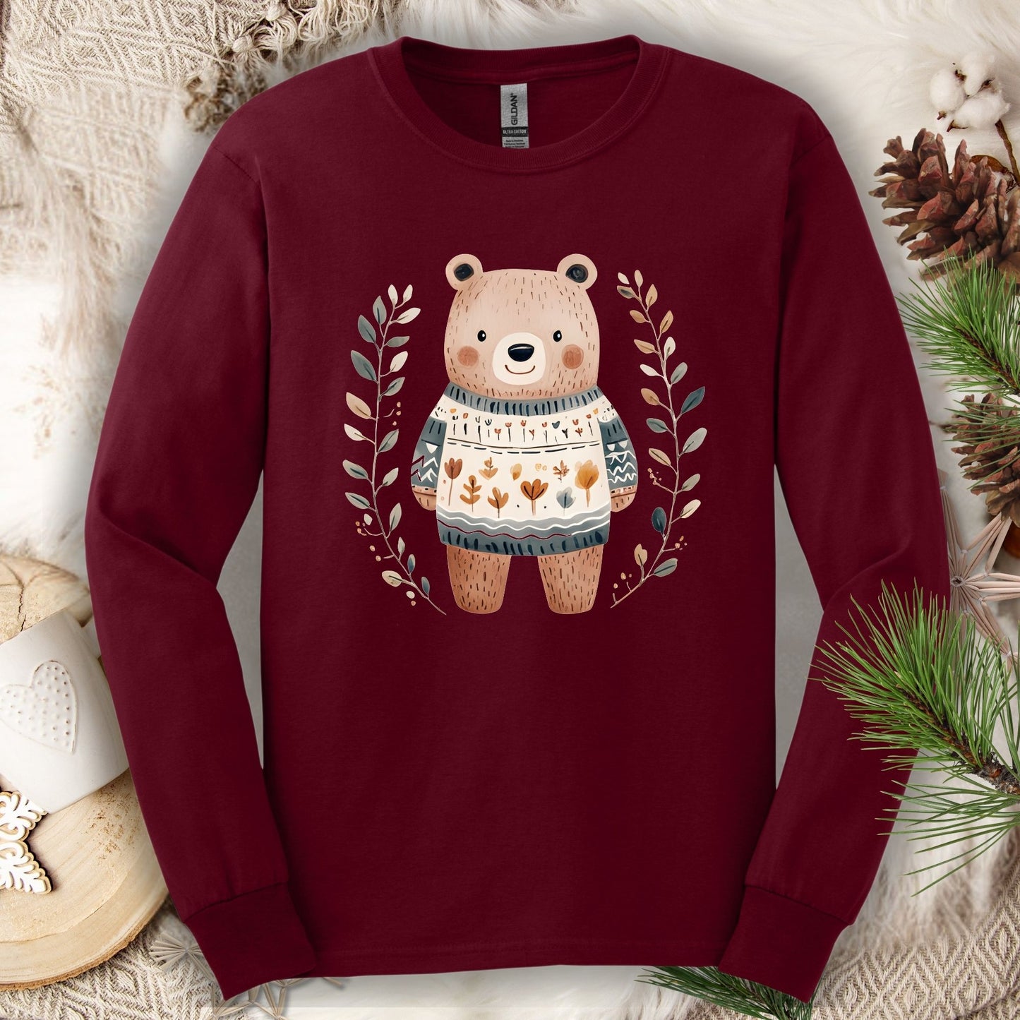 Winter Folk Art Brown Bear Long Sleeve Tee