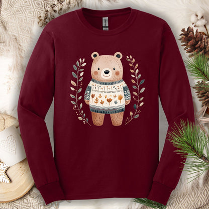 Winter Folk Art Brown Bear Long Sleeve Tee