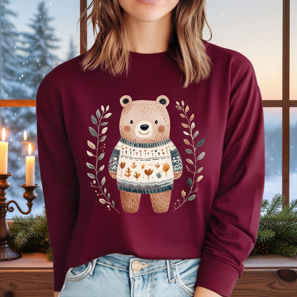 Winter Folk Art Brown Bear Long Sleeve Tee