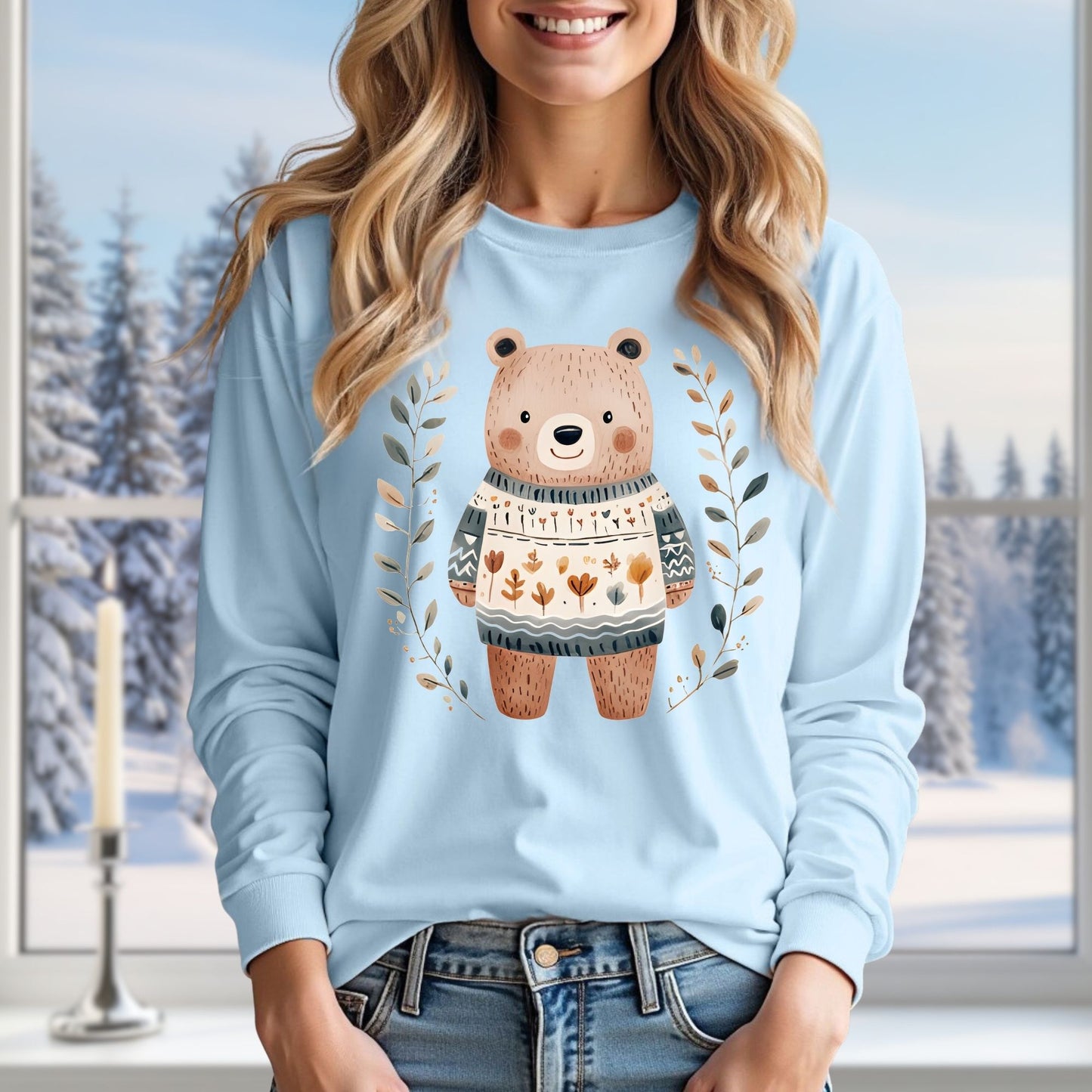 Winter Folk Art Brown Bear Long Sleeve Tee