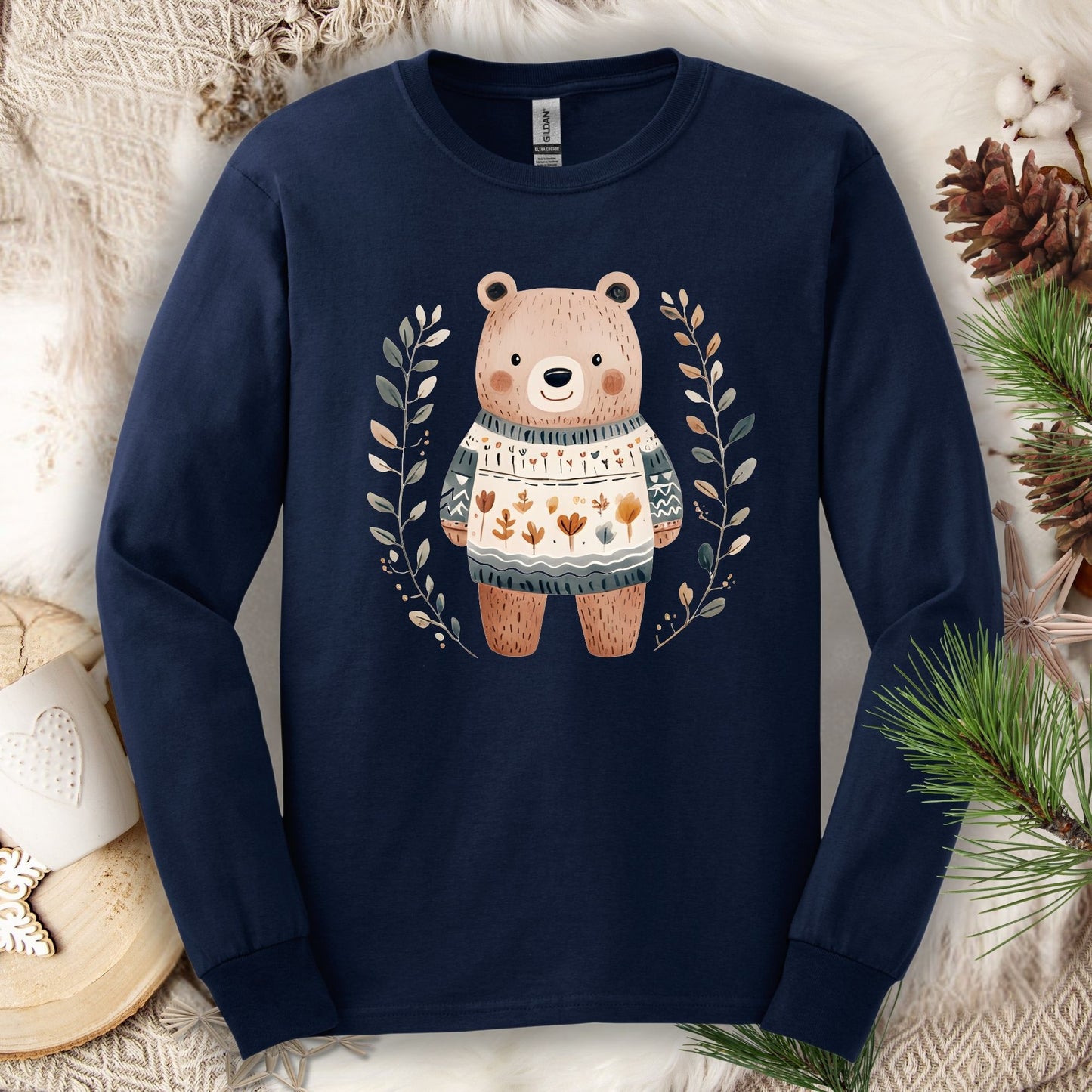 Winter Folk Art Brown Bear Long Sleeve Tee