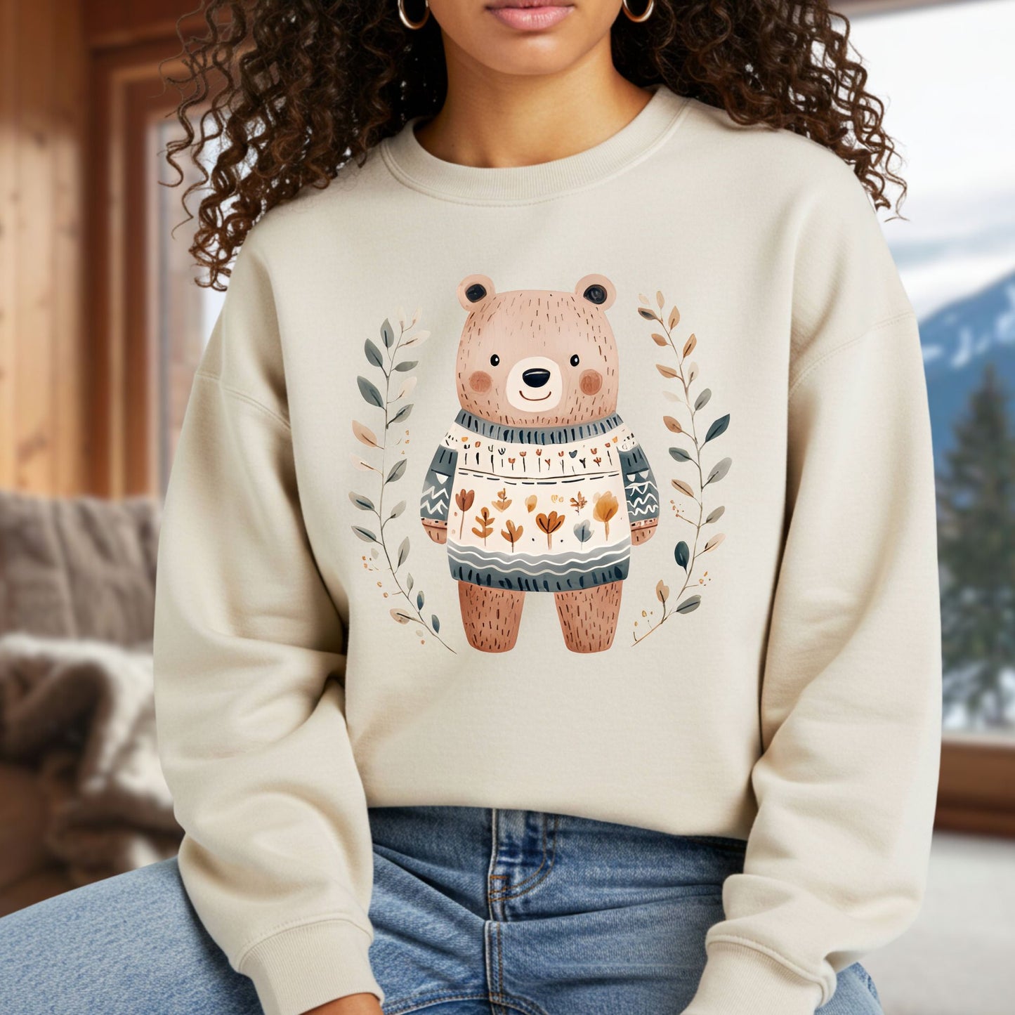 Winter Folk Art Brown Bear Sweatshirt
