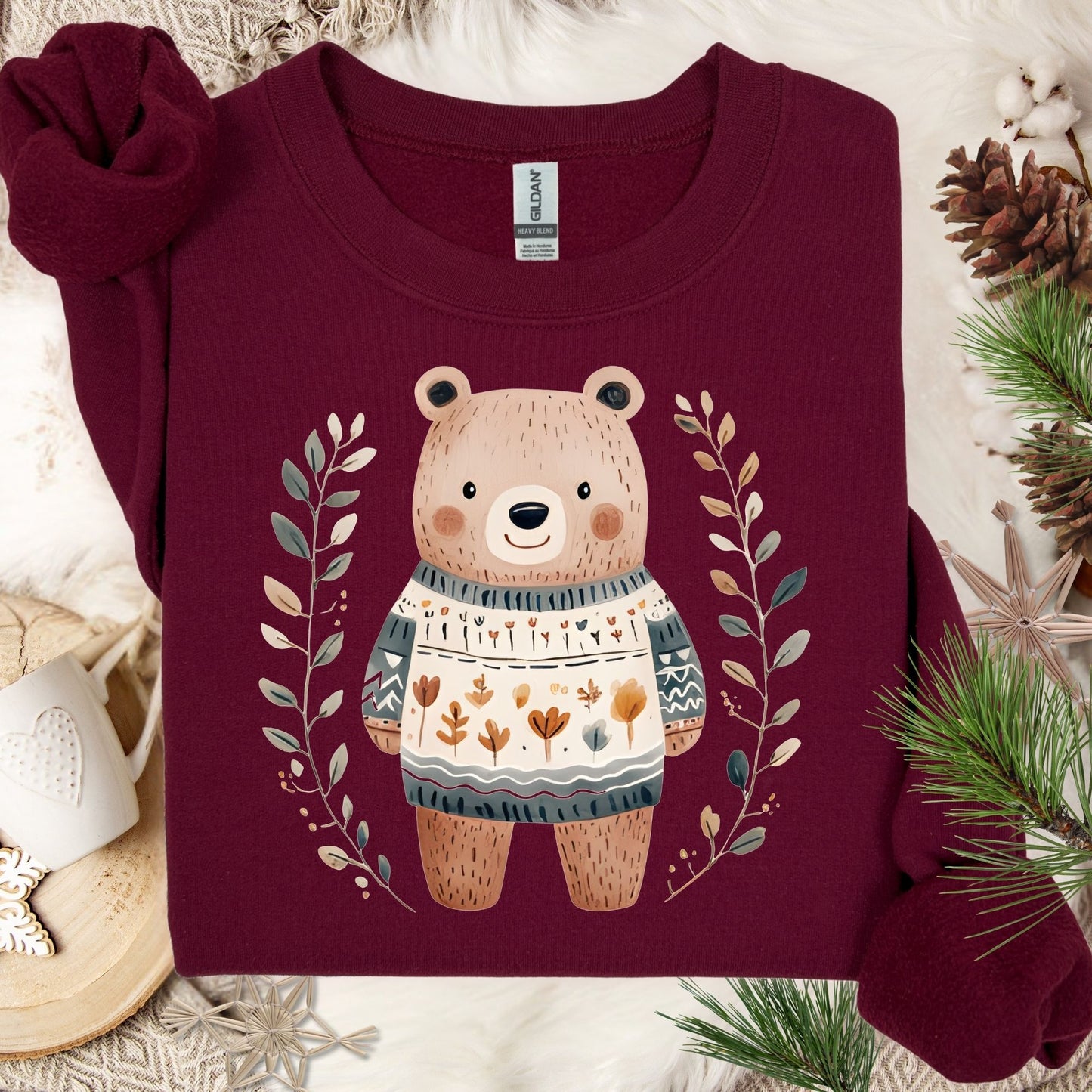 Winter Folk Art Brown Bear Sweatshirt