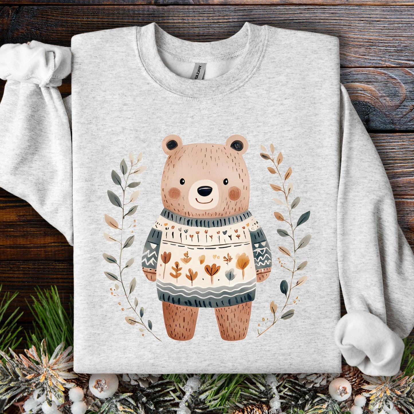 Winter Folk Art Brown Bear Sweatshirt