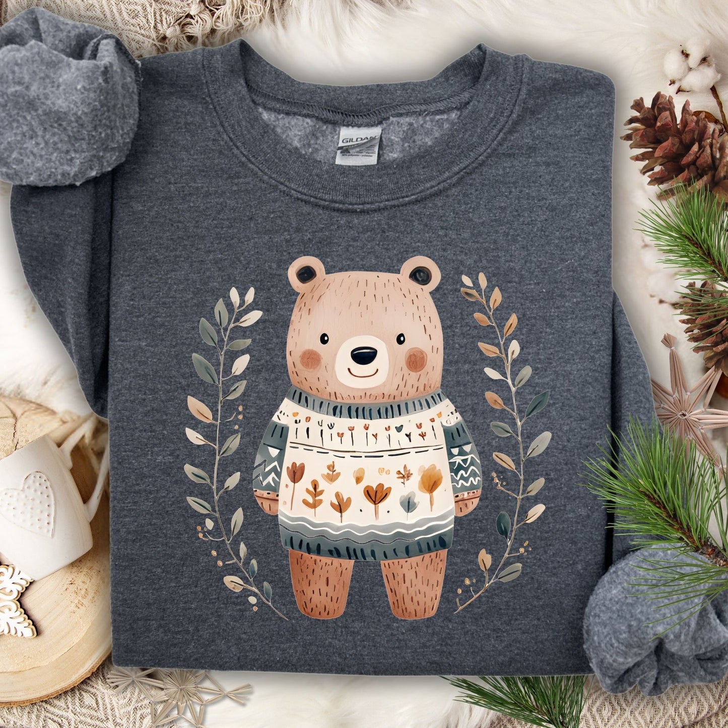 Winter Folk Art Brown Bear Sweatshirt