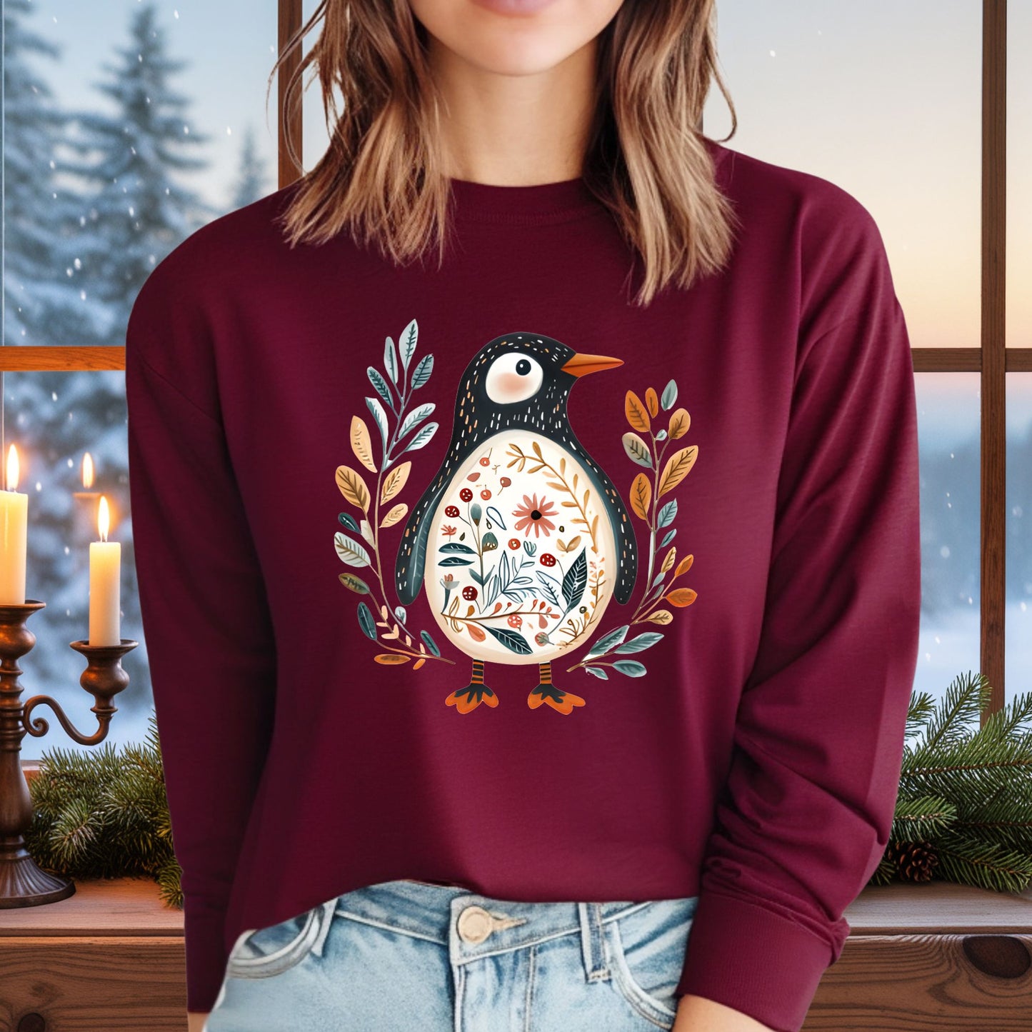 Winter Folk Art Penguin Long Sleeve Tee