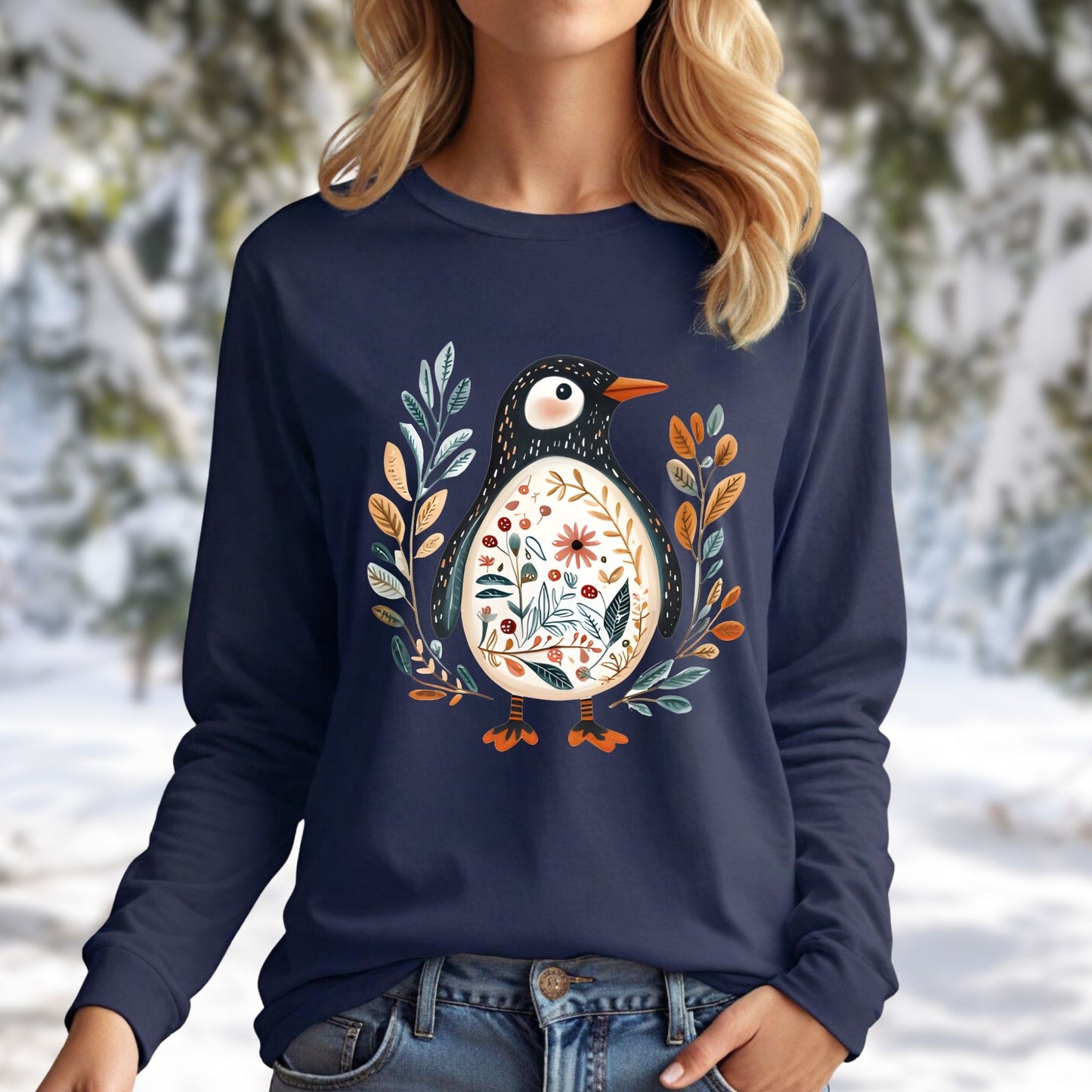 Winter Folk Art Penguin Long Sleeve Tee