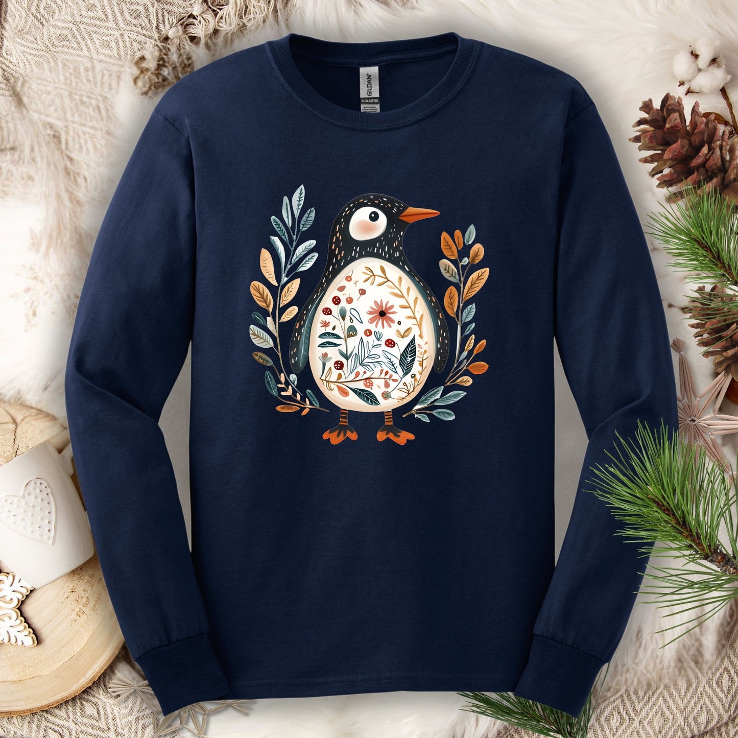 Winter Folk Art Penguin Long Sleeve Tee