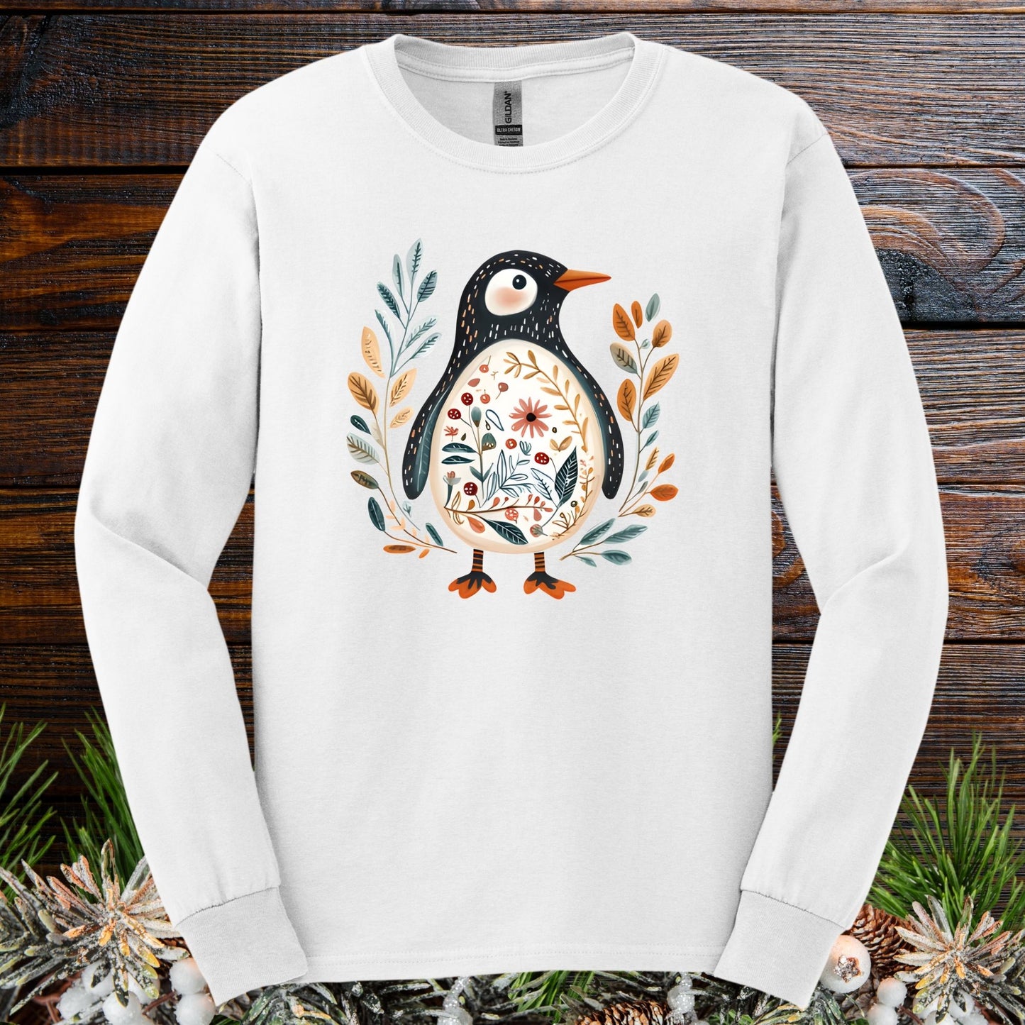 Winter Folk Art Penguin Long Sleeve Tee