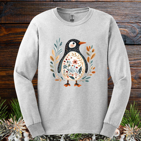 Winter Folk Art Penguin Long Sleeve Tee