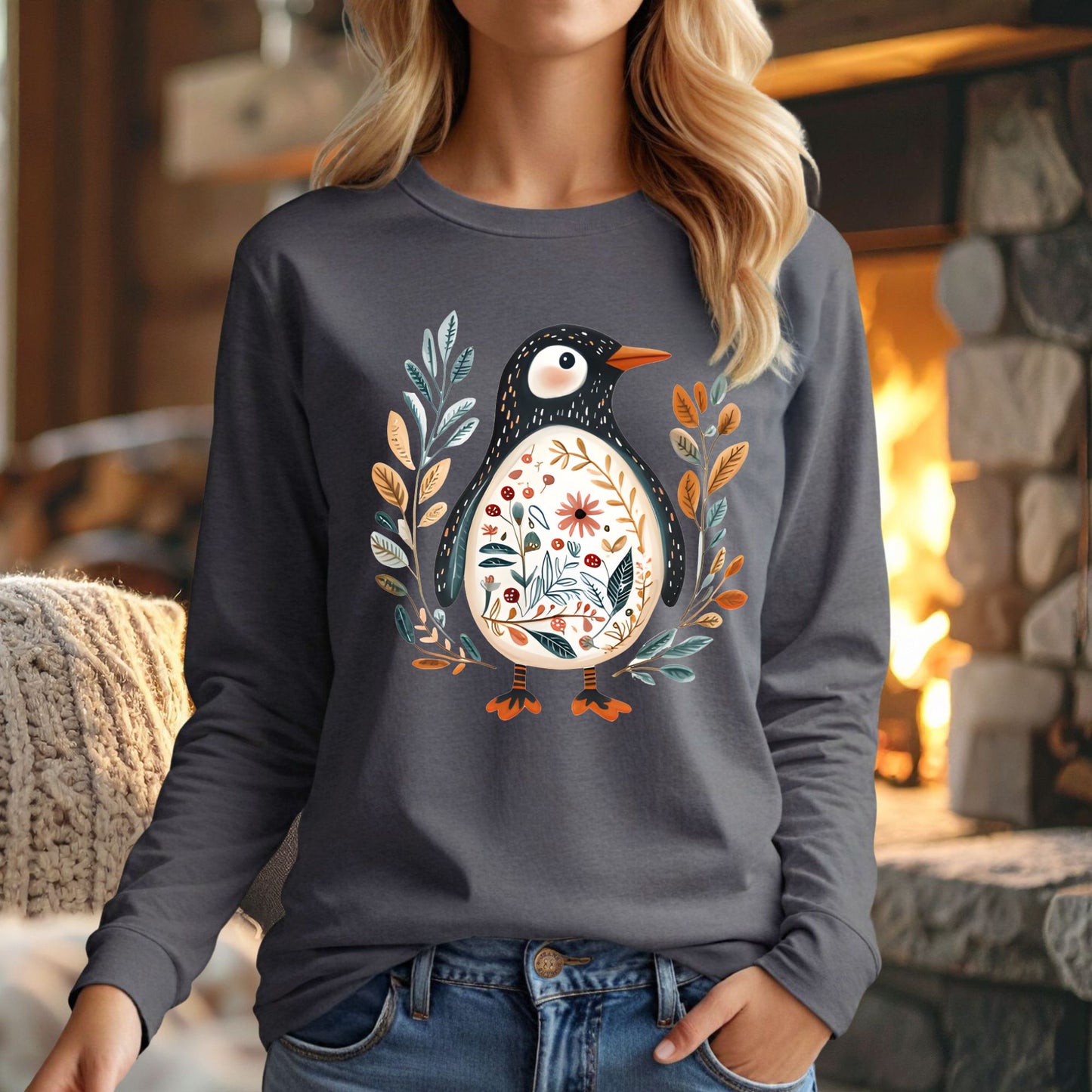 Winter Folk Art Penguin Long Sleeve Tee