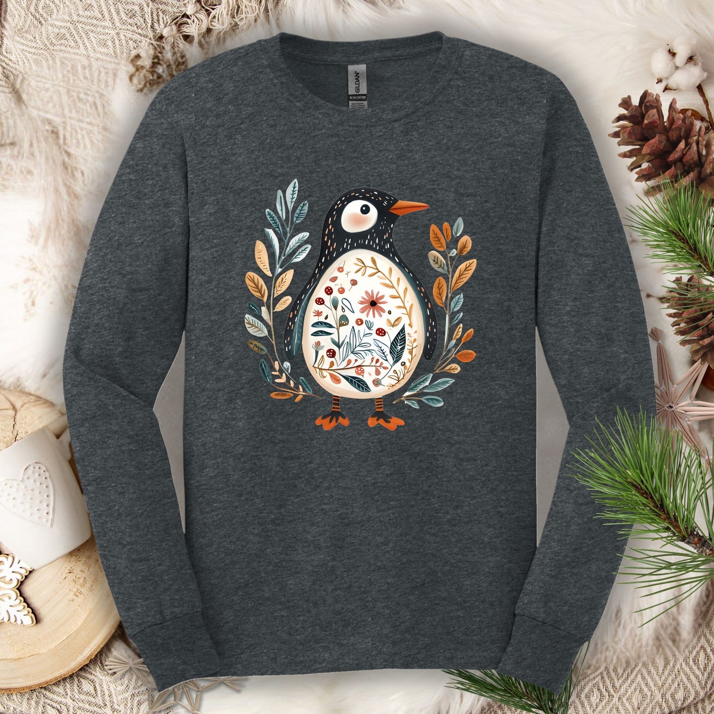 Winter Folk Art Penguin Long Sleeve Tee