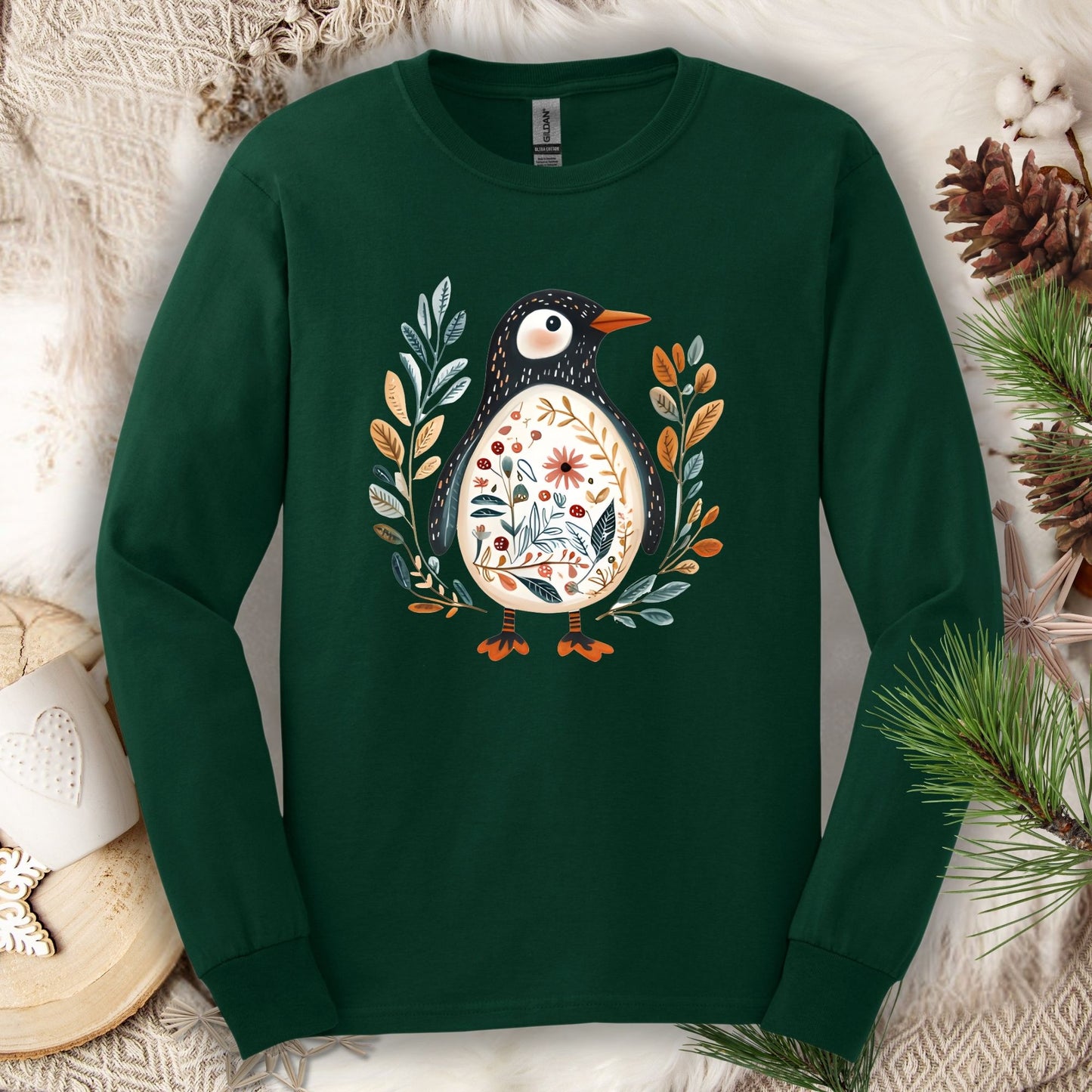 Winter Folk Art Penguin Long Sleeve Tee