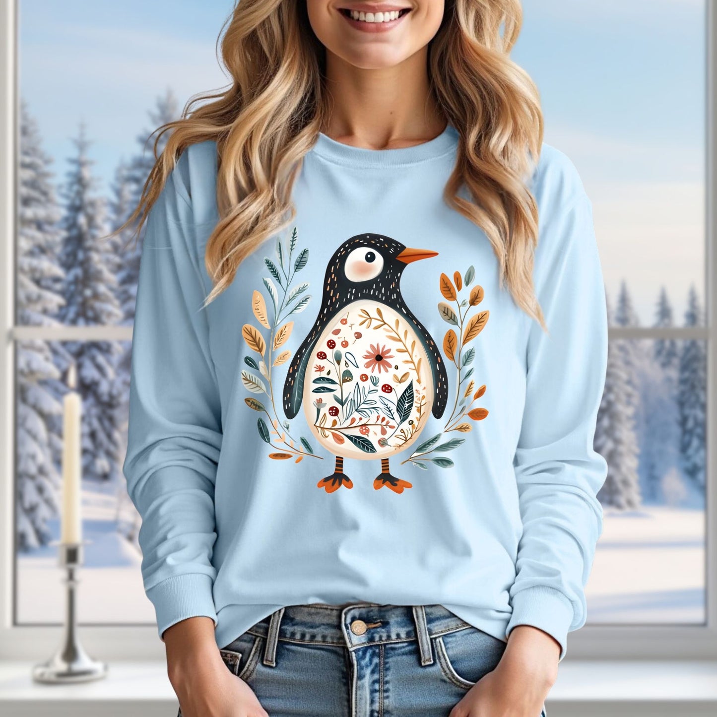 Winter Folk Art Penguin Long Sleeve Tee