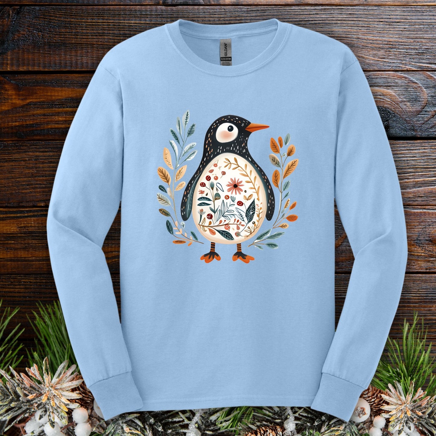 Winter Folk Art Penguin Long Sleeve Tee