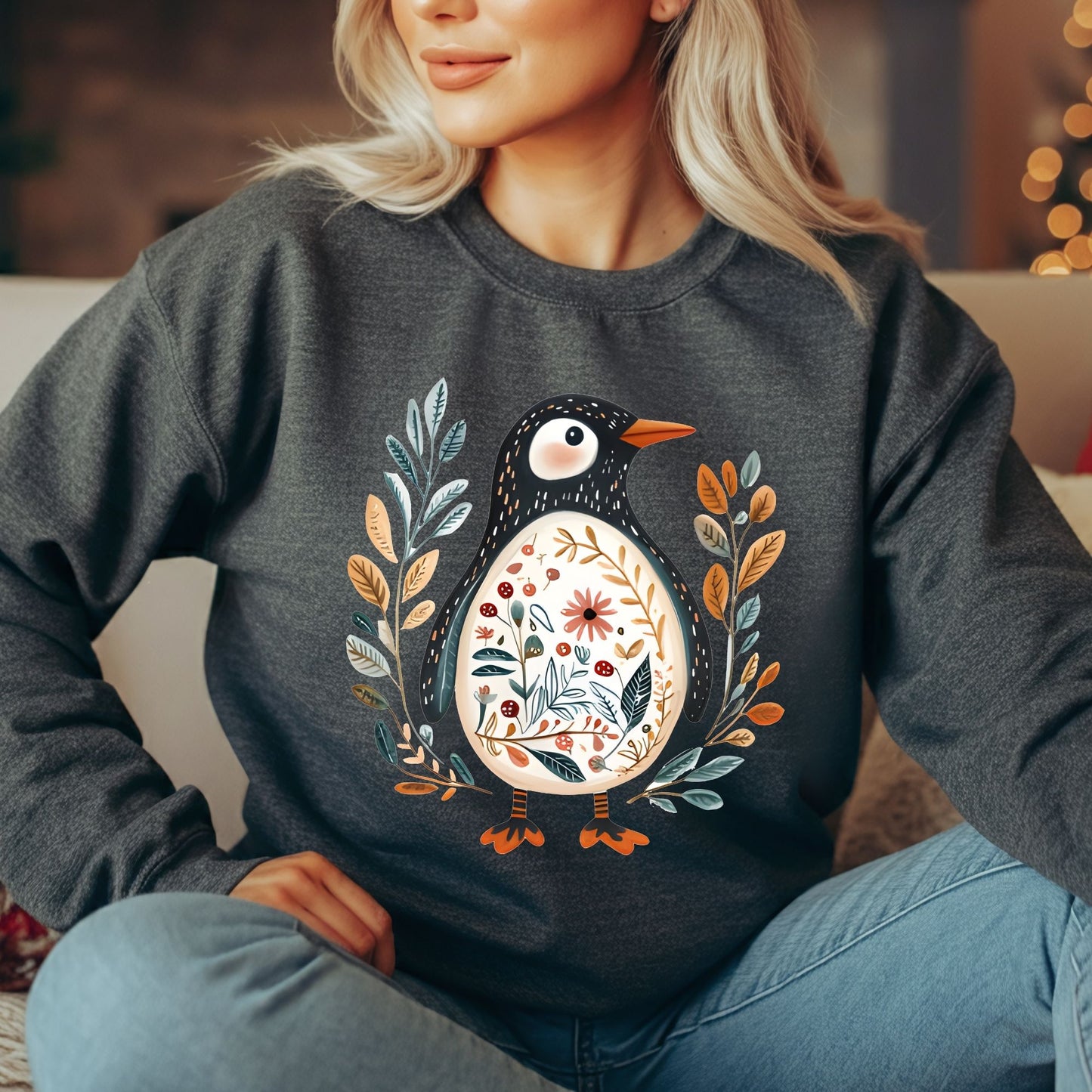 Winter Folk Art Penguin Sweatshirt