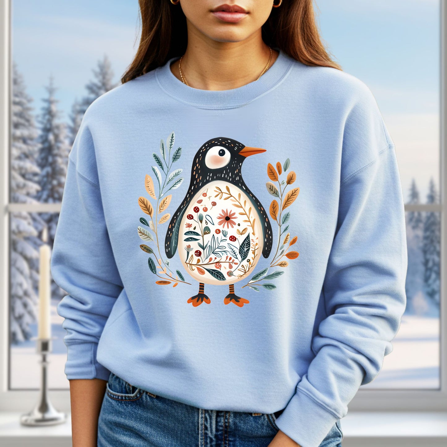 Winter Folk Art Penguin Sweatshirt