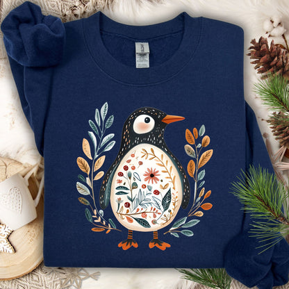 Navy S sweatshirt with folk art penguin, botanical patterns, orange beak, and decorative striped legs.