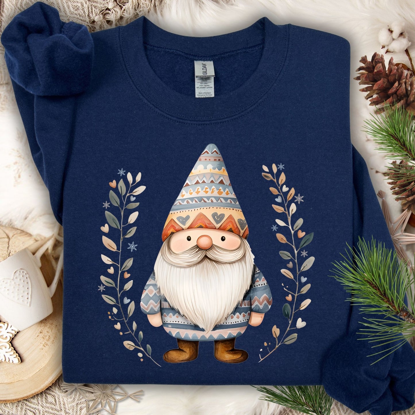 Navy Fair Isle sweatshirt with a cheerful gnome, long beard, pointed hat, and botanical heart/snowflake branches.