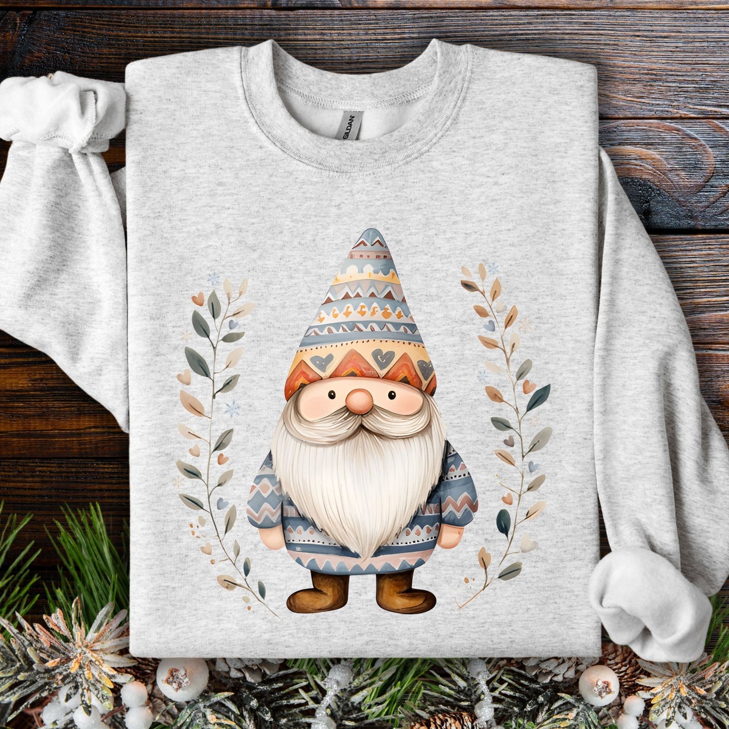 Ash gray sweatshirt with a whimsical Fair Isle gnome, long beard, pointed hat, and botanical branches.