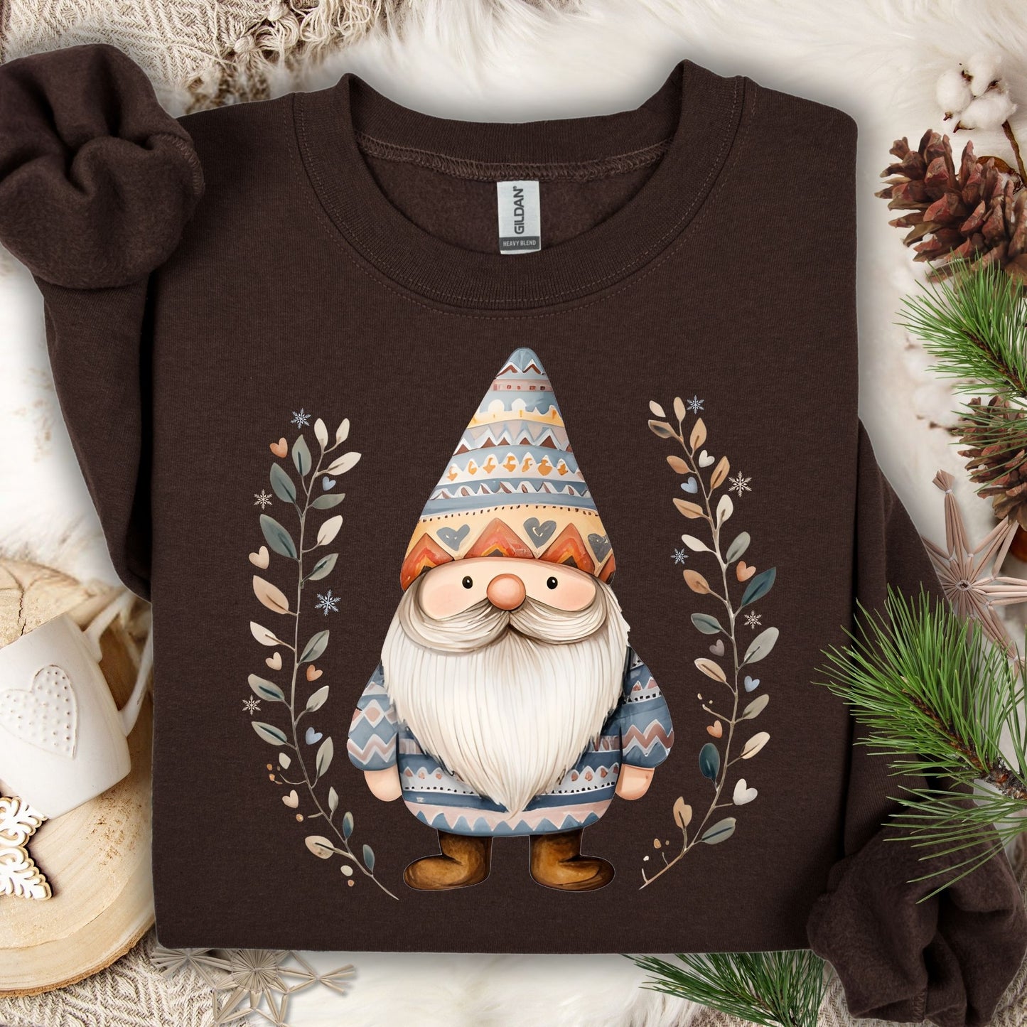 Dark chocolate Fair Isle gnome sweatshirt with botanical branches, snowflakes, and heart motifs.