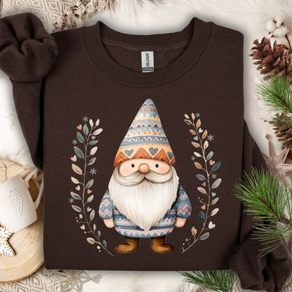 Dark chocolate Fair Isle gnome sweatshirt with botanical branches, snowflakes, and heart motifs.