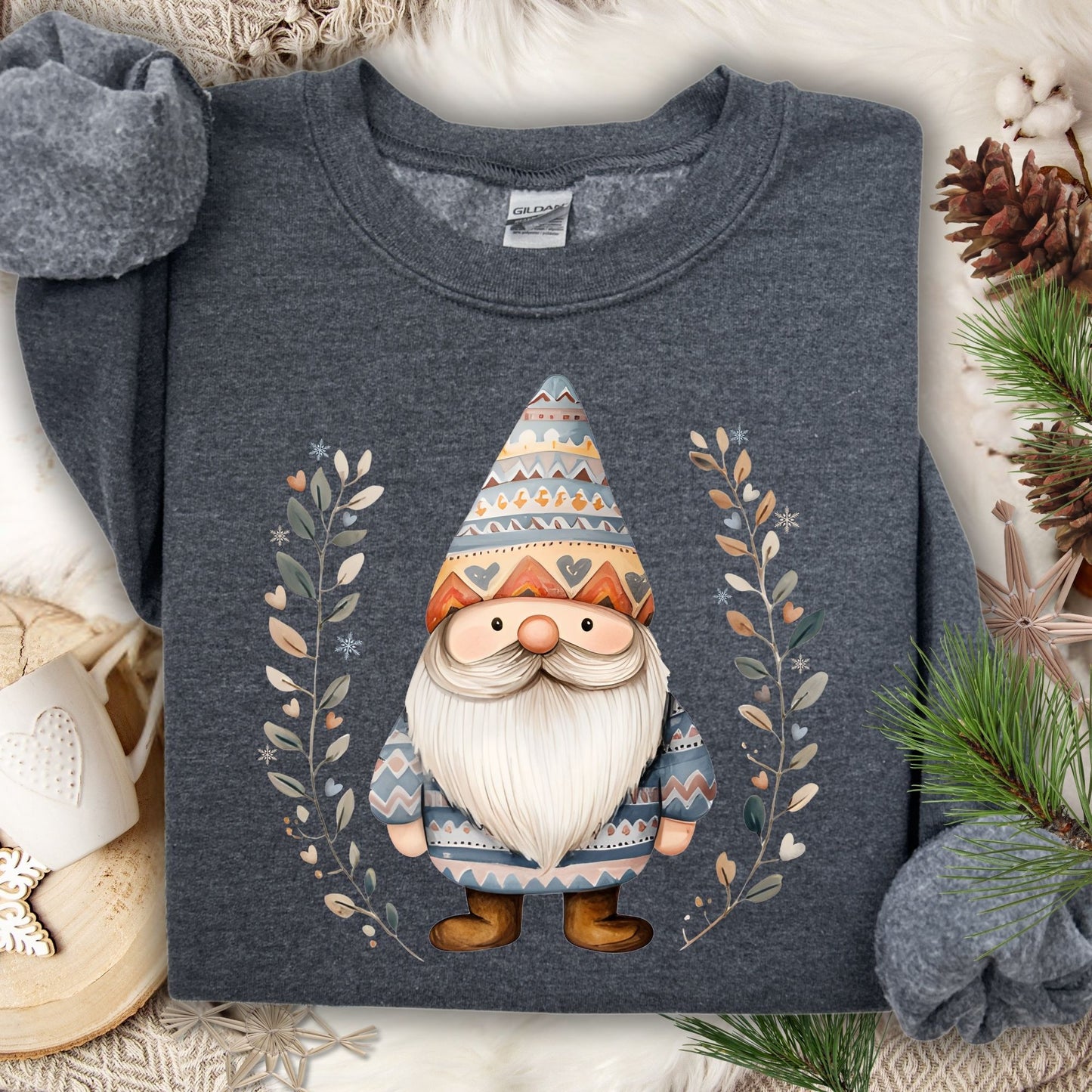 Dark Heather Fair Isle gnome sweatshirt with botanical branches, snowflakes, and hearts.
