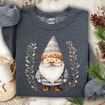 Dark Heather Fair Isle gnome sweatshirt with botanical branches, snowflakes, and hearts.