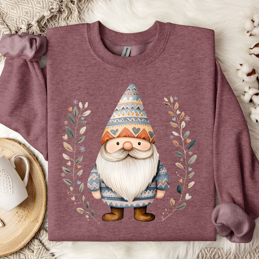 Heather Sport Dark Maroon sweatshirt with a whimsical gnome, Fair Isle patterns, and botanical branches.